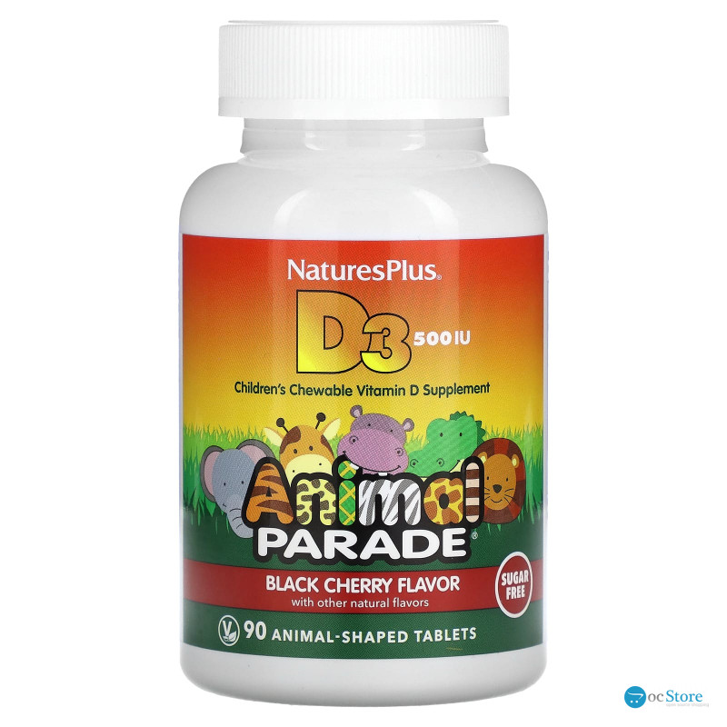 Вітамін D-3, Vitamin D 3, Nature's Plus, Animal Parade, смак чорної вишні, без цукру, 12,5 мкг (500 МО), 90 жувальних таблеток у формі тварин