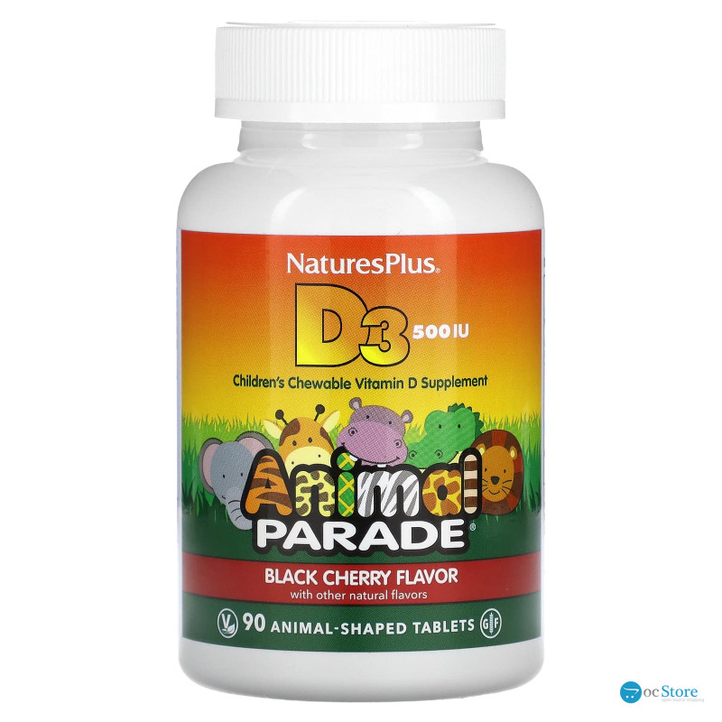 Вітамін D-3, Vitamin D3, Nature's Plus, Animal Parade, смак чорної вишні, 12,5 мкг (500 МО), 90 жувальних таблеток у формі тварин