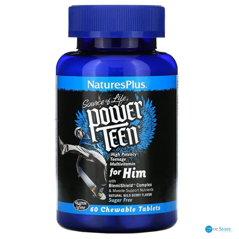 Вітаміни для хлопців, Power Teen For Him, Nature's Plus, Source of Life, ягідний смак, без цукру, 60 таблеток