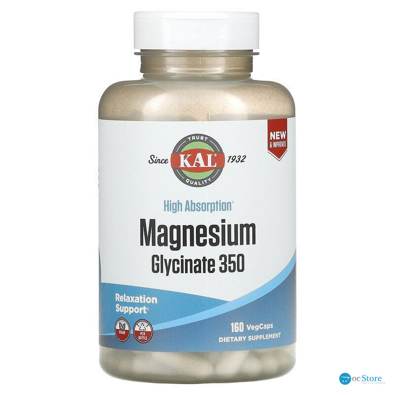 Магній гліцинат, Magnesium Glycinate, KAL, висока абсорбція, 350 мг, 160 вегетаріанських капсул
