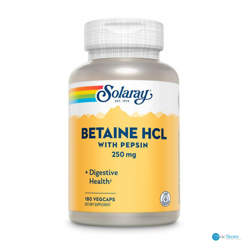 Бетаїн HCl + пепсин, HCL with Pepsin, Solaray, 250 мг, 180 капсул