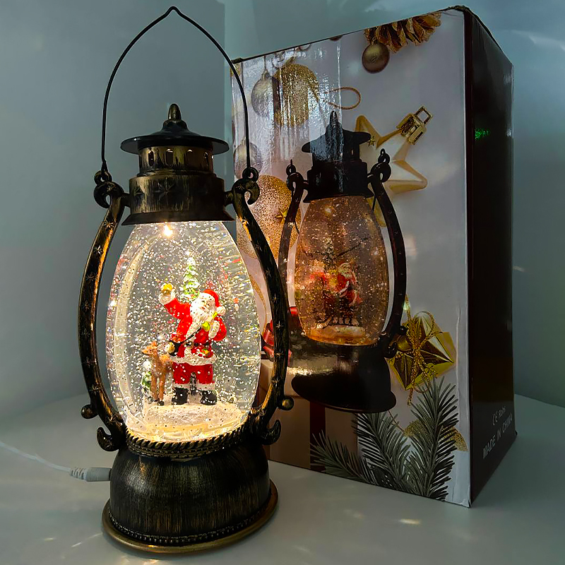 Декоративный подвесной фонарь новогодний 3283093 рождественское украшения 13,5*11*26 см для дома на батарейках Дед Мороз с оленем