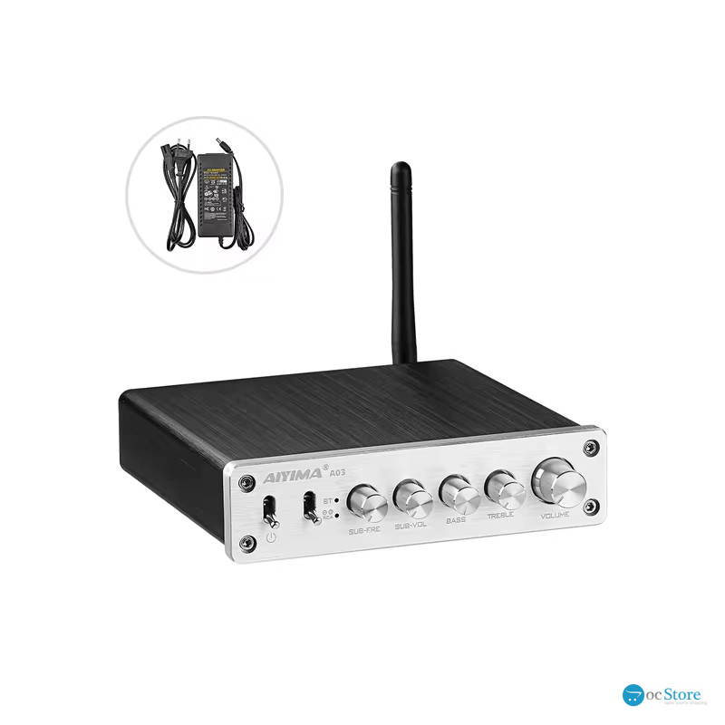 Підсилювач звуку AIYIMA A03 silver + блок живлення 24V. Bluetooth 5.0, AUX, 50Wx2+100W (TPA3116)