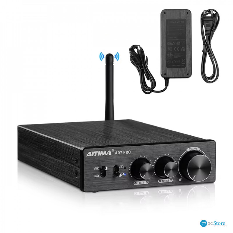 Підсилювач звуку AIYIMA A07 PRO black + блок живлення 48V. Bluetooth 5.2, AUX, 300Wx2 (TPA3255)