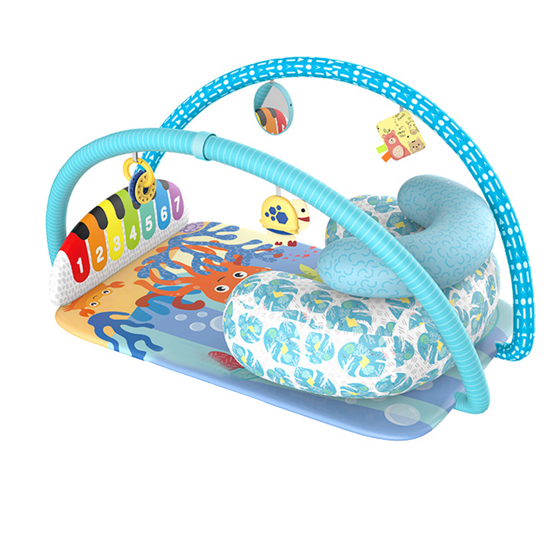 Детский развивающий интерактивный коврик SDZ-1817 музыкальный пианино с дугой и погремушками для младенцев Whale Blue