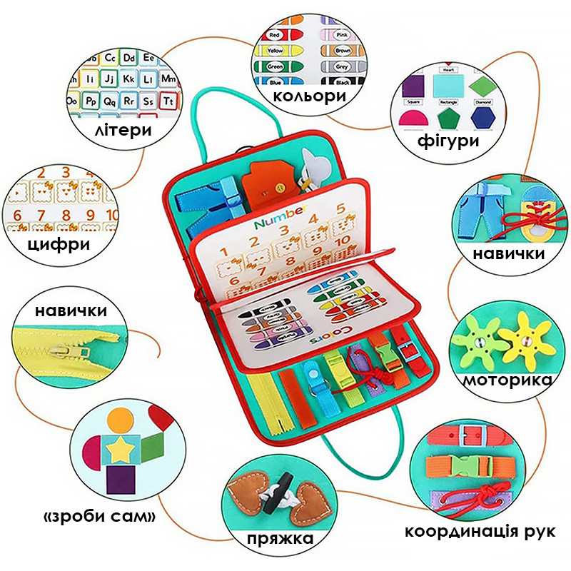 Детская развивающая сумочка 545L бизиборд монтессори-игрушка для малышей розвивающая моторику и сенсорику Light Blue