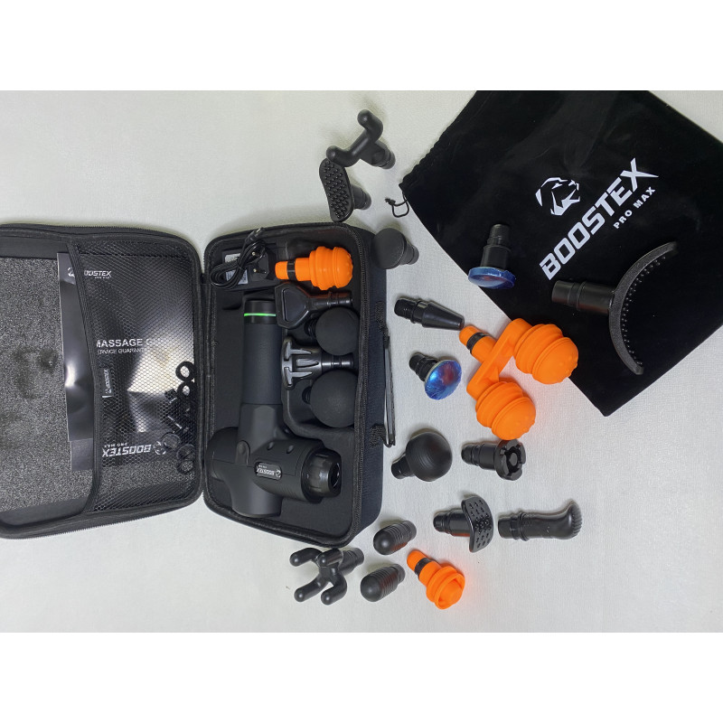 Новинка 2024 року! Перкусійний масажер – 30 швидкостей, 21 насадка, батарея 2500 mAh, кейс (чорний).