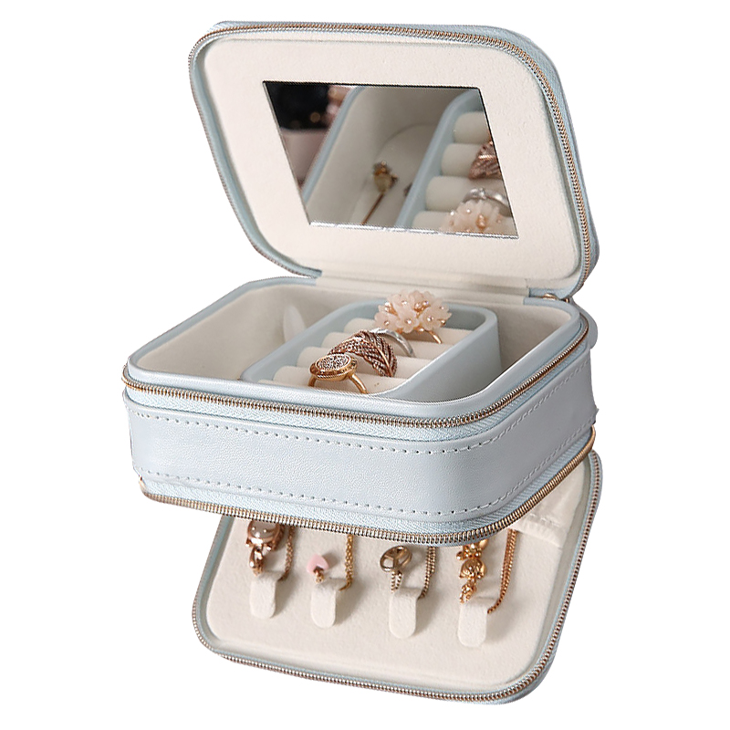 Шкатулка Casegrace SP-01167 для украшений и ювелирных изделий портативная с зеркалом и двойной молнией 11,5*8,5*5 см Blue