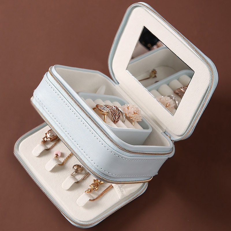 Шкатулка Casegrace SP-01167 для украшений и ювелирных изделий портативная с зеркалом и двойной молнией 11,5*8,5*5 см Blue