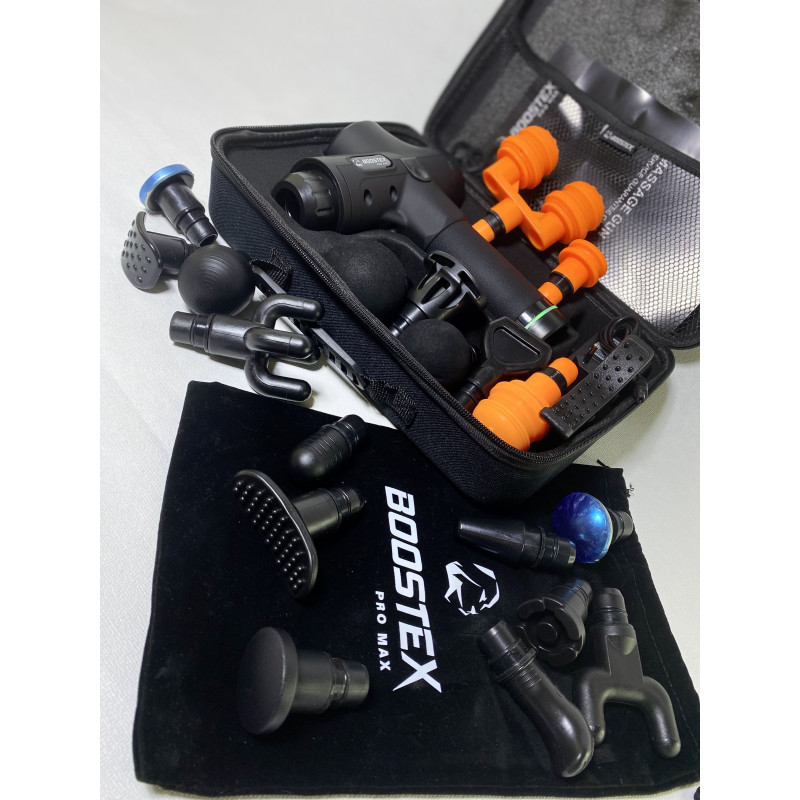 Безкоштовна доставка. Ударний перкусійний масажер Boostex (massage gun) 30 режимів, 21 насадка, батарея