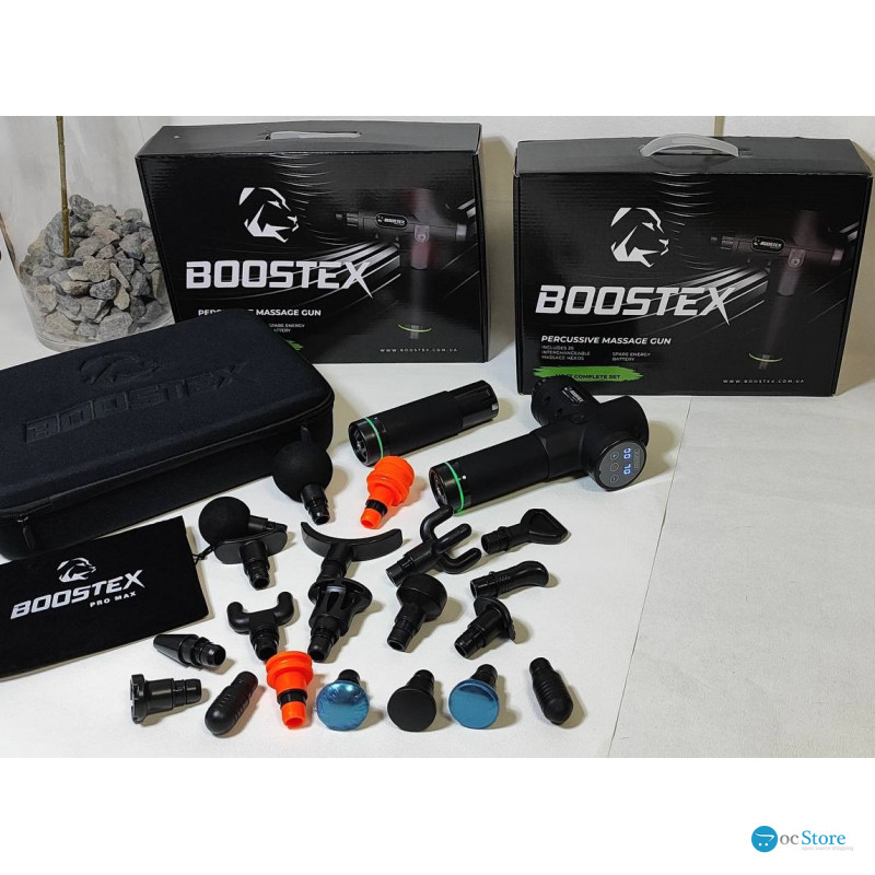 Увага новинка. Ударний перкусійний масажер Boostex PRO MАХ-30 режимів +20 насадок +запасна батарея 2500am/h +кейс (Чорний)