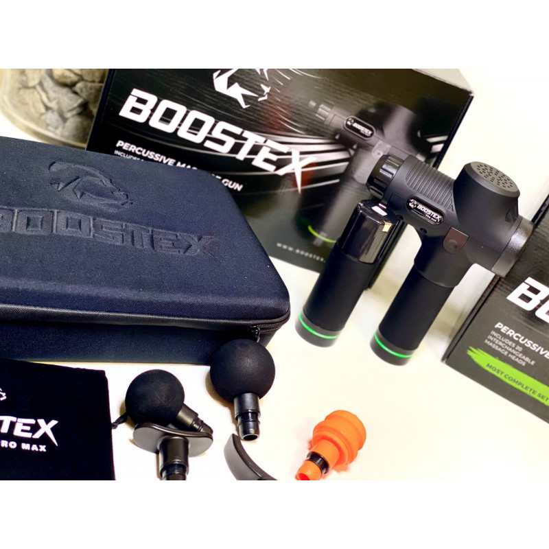 Увага новинка. Ударний перкусійний масажер Boostex PRO MАХ-30 режимів +20 насадок +запасна батарея 2500am/h +кейс (Чорний)