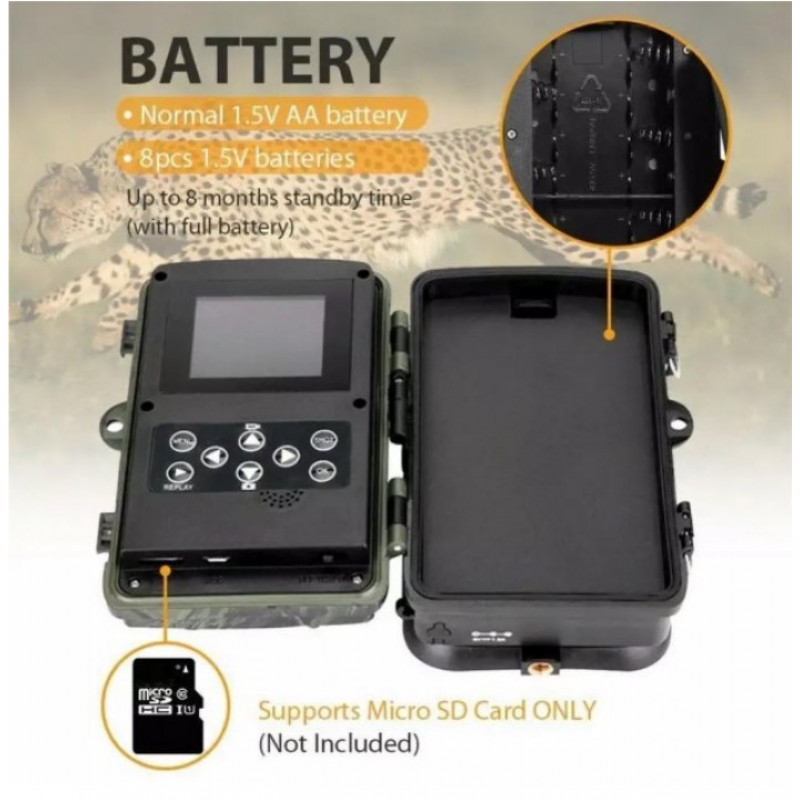 Фотопастка Suntek HC-810A з датчиком руху та нічним зніманням, огляд 120°, дальність 20 м, захист IP65. Камера для охорони території.