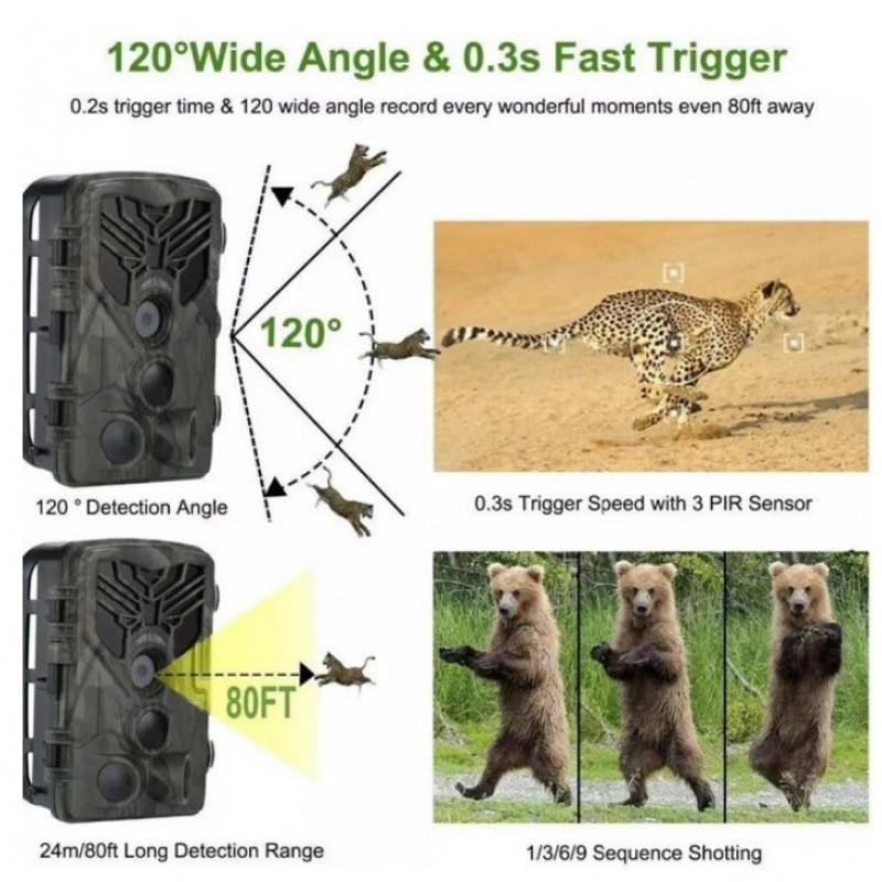 Фотопастка Suntek HC-810A з датчиком руху та нічним зніманням, огляд 120°, дальність 20 м, захист IP65. Камера для охорони території.