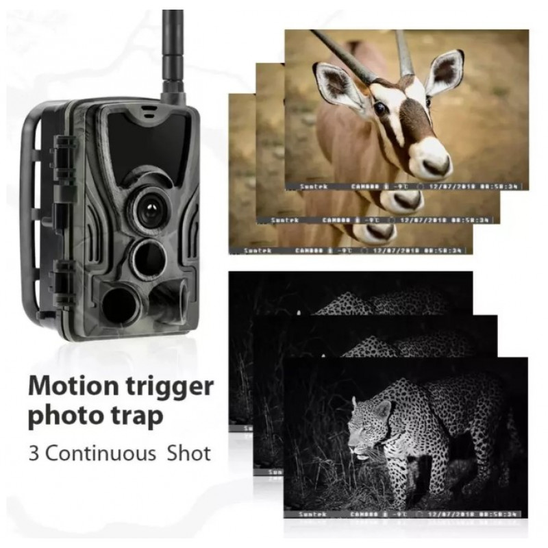 Фотопастка Suntek HC 801M з GSM модулем G2, огляд 120°, нічна зйомка, датчик руху, захист IP65, дальність 25 м.