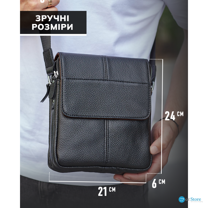 Чоловіча сумка шкіряна планшет 21х24х6, барсетка на одне плече Tiding Bag M1254A чорна
