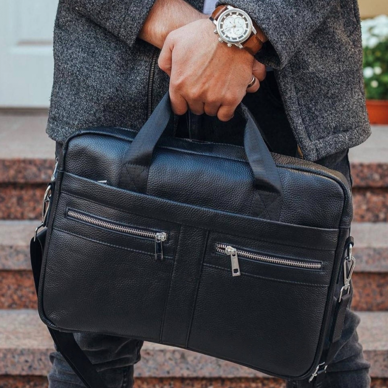 Шкіряна чоловіча сумка для ноутбука та документів чорна 39x28x8,  портфель для паперів, чорний