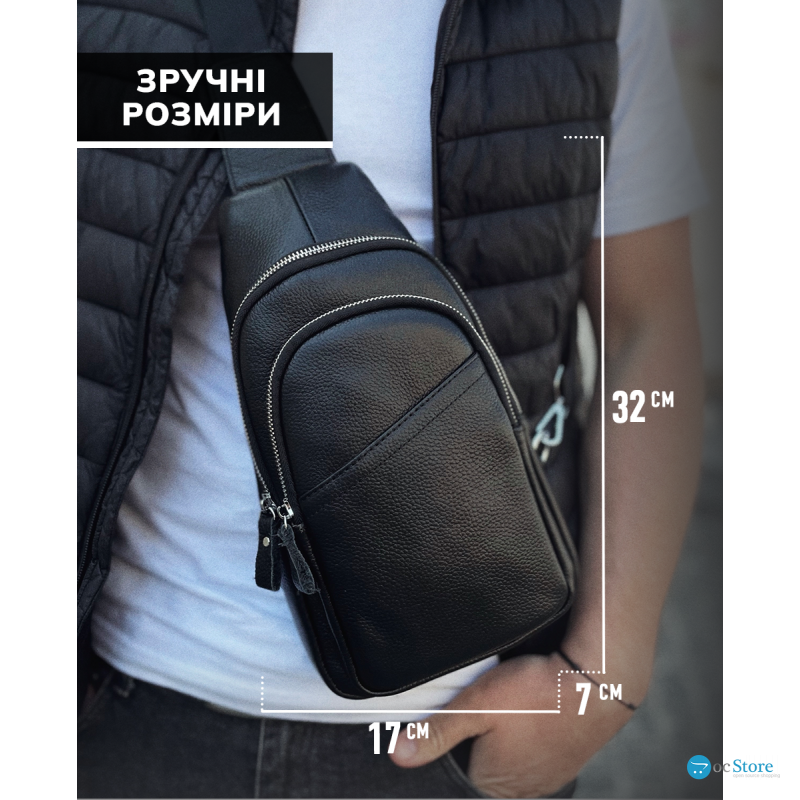 Сумка слінг чоловіча через плече 17х32х8, бананка з натуральної шкіри TIDING BAG A25F-515-1A чорна