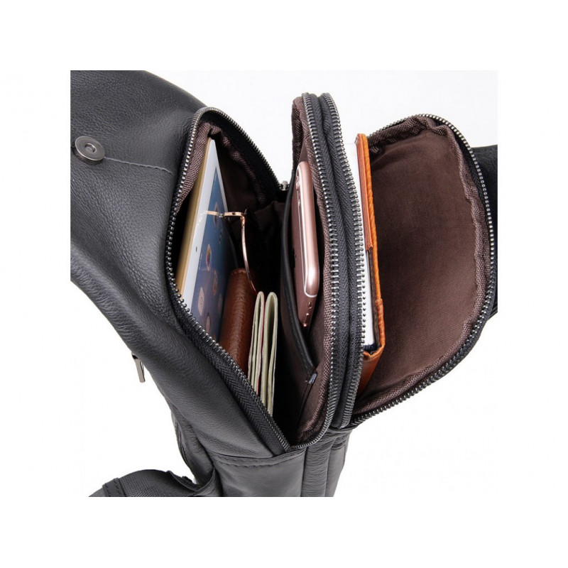 Шкіряний чорний чоловічий слінг 18х32х7, сумка рюкзак на одне плече TIDING BAG A25F-617-1A чорна