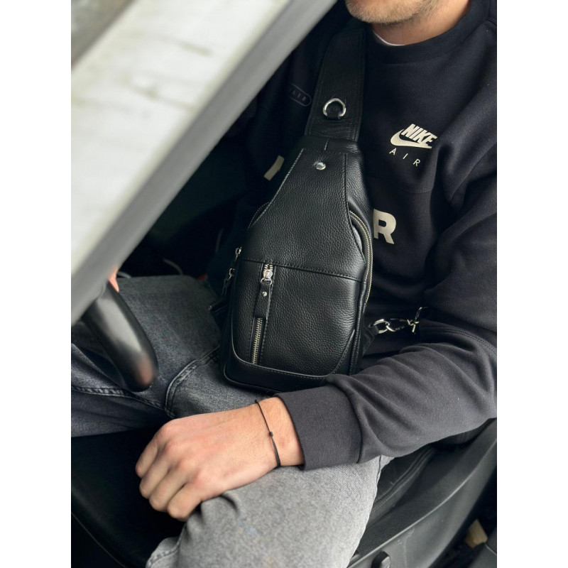 Шкіряний чорний чоловічий слінг 18х32х7, сумка рюкзак на одне плече TIDING BAG A25F-617-1A чорна