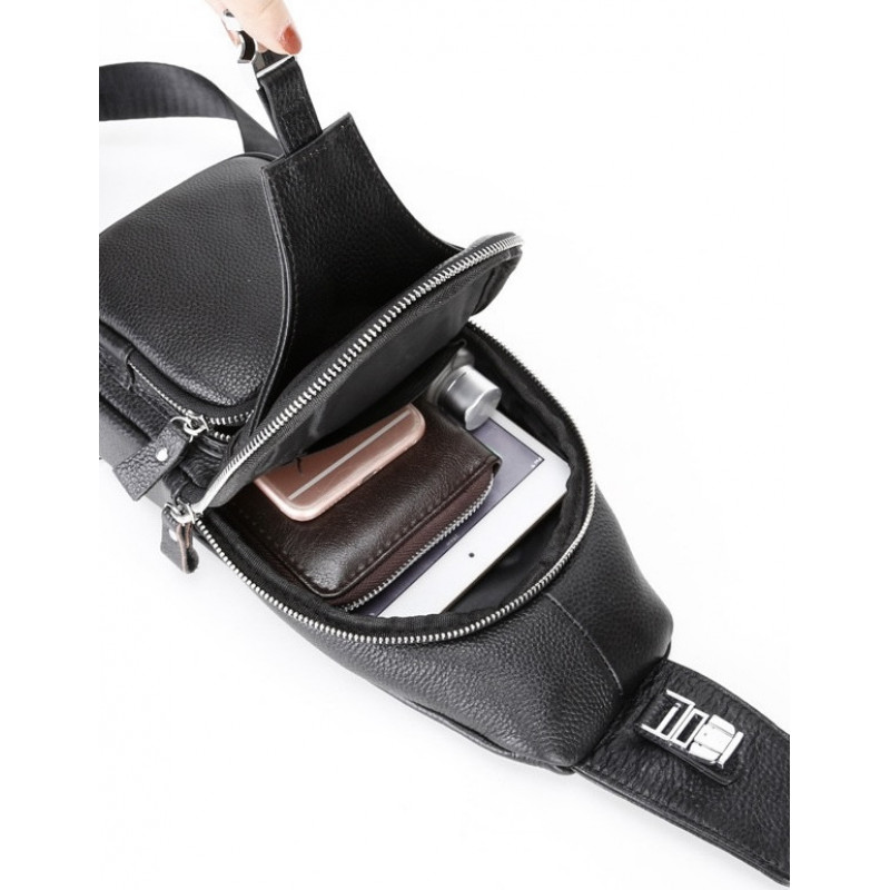 Сумка-слінг чоловіча на плече 17х32х7, нагрудний шкіряний рюкзак для міста TIDING BAG MK16094 чорний