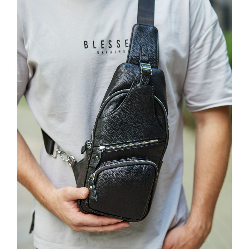 Сумка-слінг чоловіча на плече 17х32х7, нагрудний шкіряний рюкзак для міста TIDING BAG MK16094 чорний