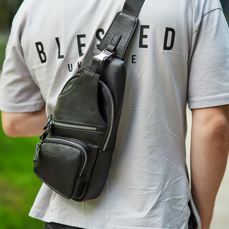 Сумка-слінг чоловіча на плече 17х32х7, нагрудний шкіряний рюкзак для міста TIDING BAG MK16094 чорний