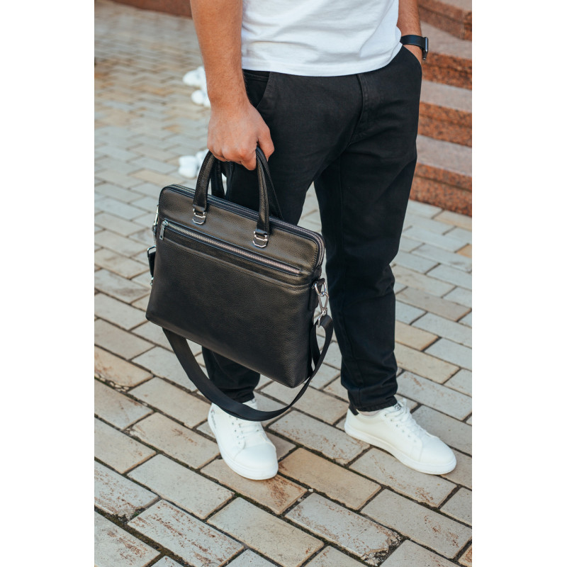 Шкіряна чоловіча сумка для документів та ноутбука 37х28.5х7, офісний діловий портфель Tiding Bag NV23712 чорний