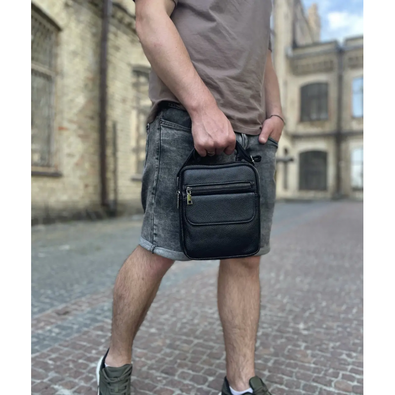 Шкіряна чоловіча сумка 17х21х5, барсетка через плече Tiding Bag 4134A чорна