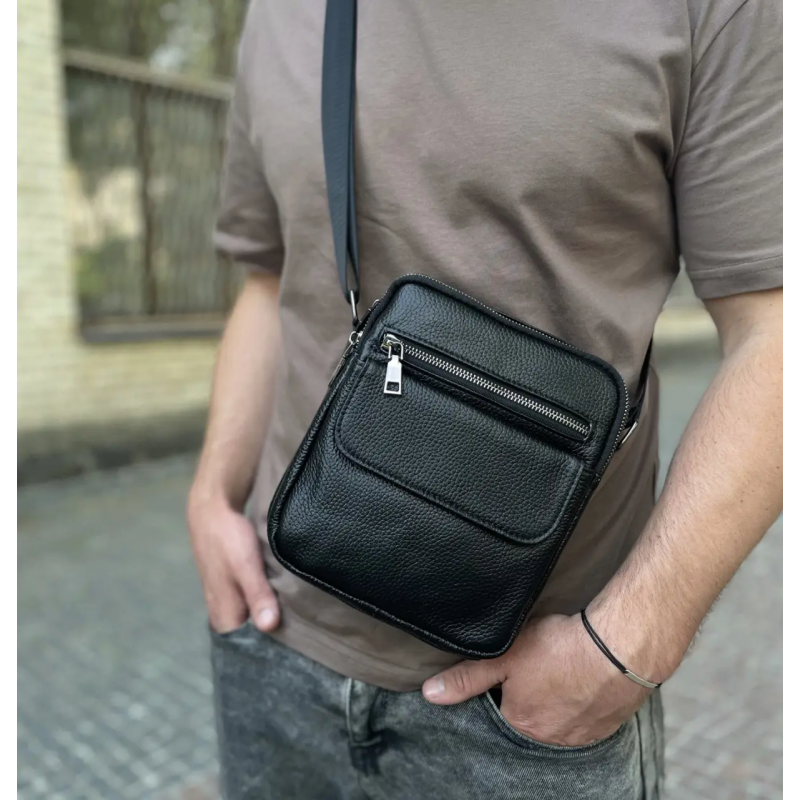 Шкіряна чоловіча сумка 17х21х5, барсетка через плече Tiding Bag 4134A чорна