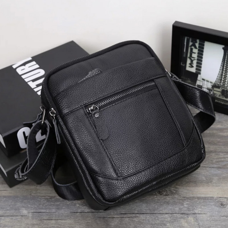 Чоловіча шкіряна сумка планшет 18х21х7, барсетка через плече Tiding Bag LA3314-1BL чорна