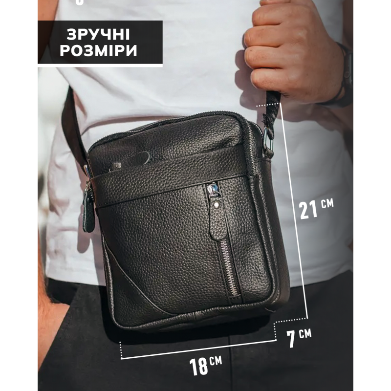 Чоловіча шкіряна сумка через плече 18х21х7, барсетка для документів Tiding Bag M38-10131A чорна