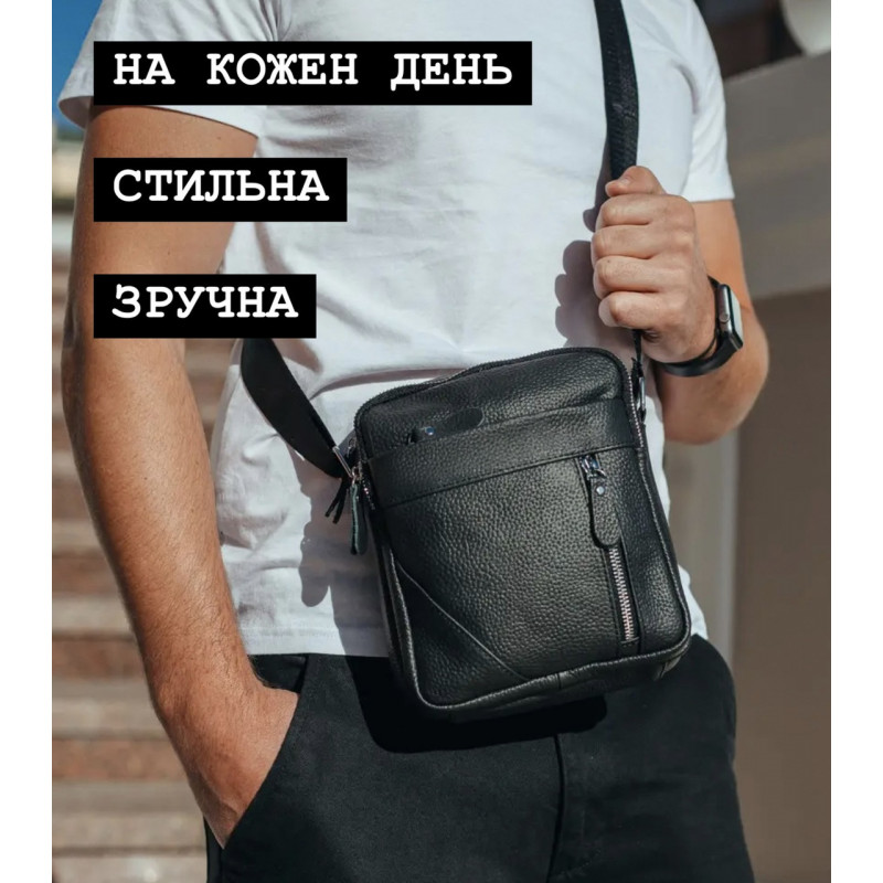 Чоловіча шкіряна сумка через плече 18х21х7, барсетка для документів Tiding Bag M38-10131A чорна