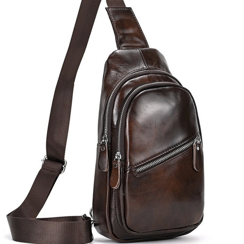Чоловічий шкіряний слінг на одне плече 18х32х7, сумка-бананка для міста TIDING BAG 62867 коричнева