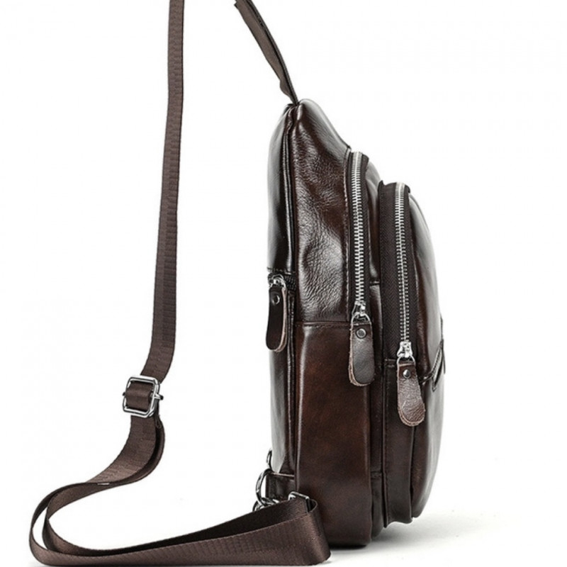 Чоловічий шкіряний слінг на одне плече 18х32х7, сумка-бананка для міста TIDING BAG 62867 коричнева