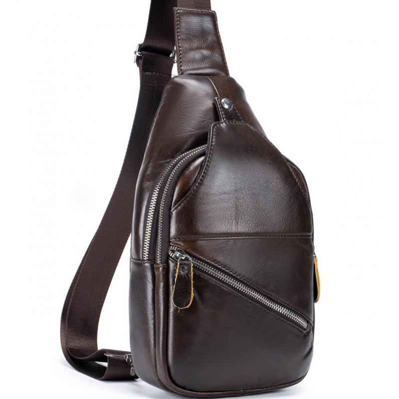 Чоловічий шкіряний рюкзак на одне плече 18х32х7, сумка-слінг для міста TIDING BAG MK03983 коричнева