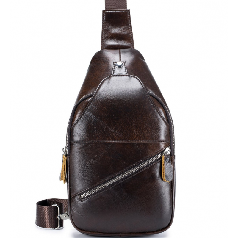 Чоловічий шкіряний рюкзак на одне плече 18х32х7, сумка-слінг для міста TIDING BAG MK03983 коричнева