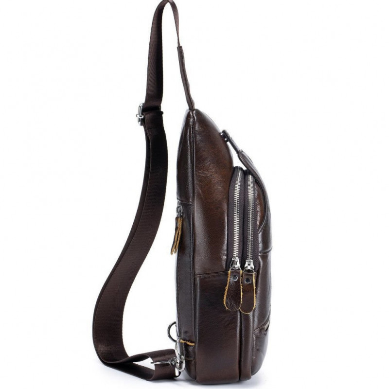 Чоловічий шкіряний рюкзак на одне плече 18х32х7, сумка-слінг для міста TIDING BAG MK03983 коричнева