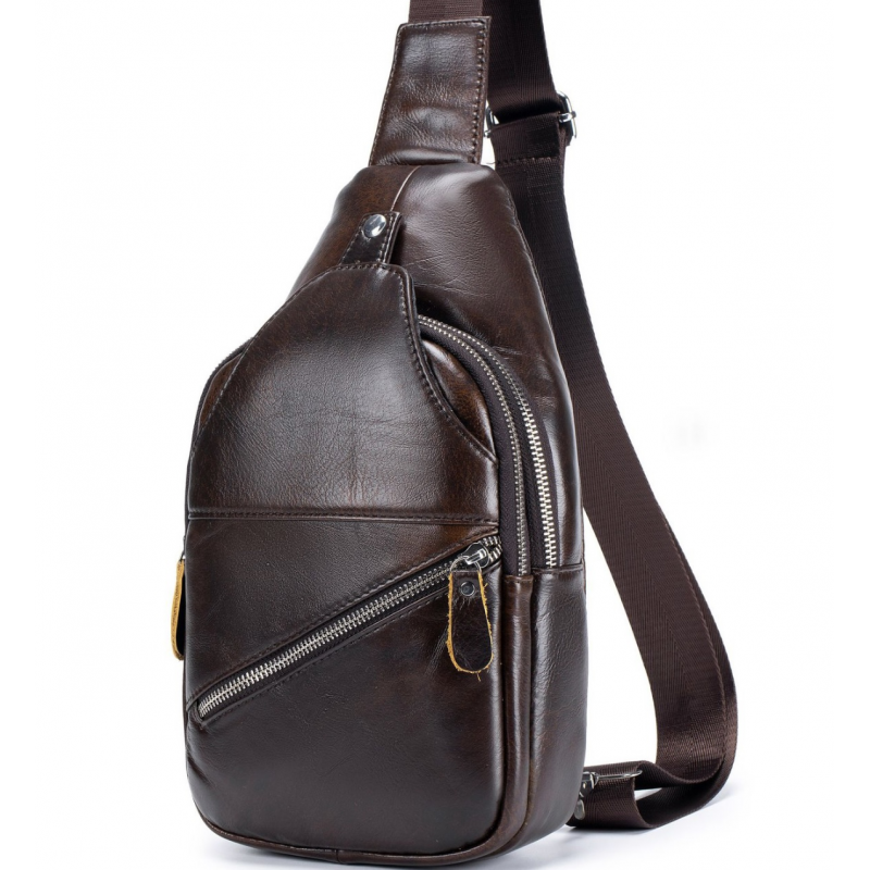 Чоловічий шкіряний рюкзак на одне плече 18х32х7, сумка-слінг для міста TIDING BAG MK03983 коричнева