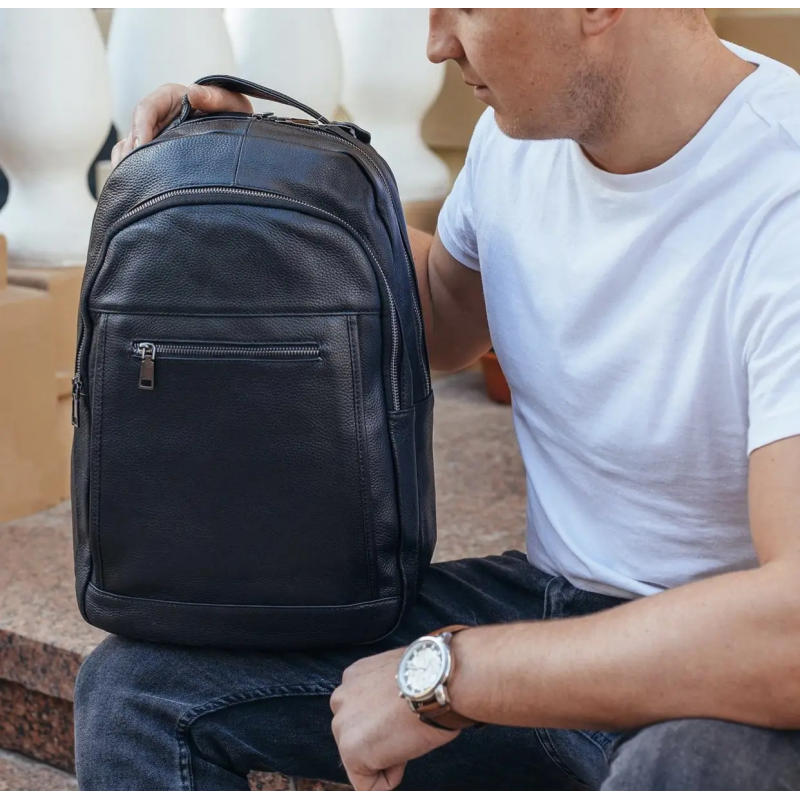 Шкіряна чоловіча сумка наплічна для ноутбука та поїздок 28х42х18, рюкзак для роботи Tiding Bag D3-9343, чорний