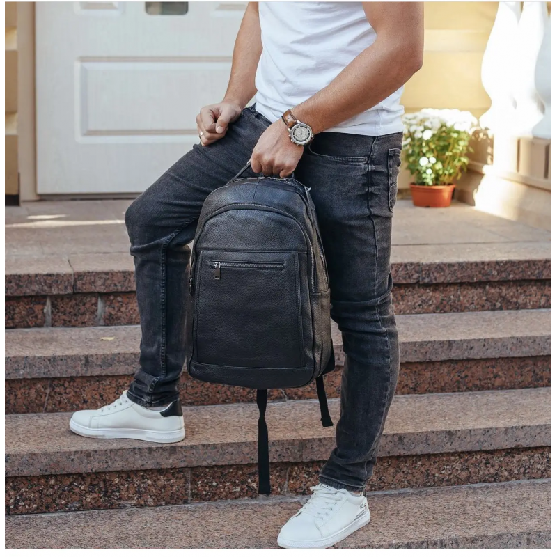 Шкіряна чоловіча сумка наплічна для ноутбука та поїздок 28х42х18, рюкзак для роботи Tiding Bag D3-9343, чорний