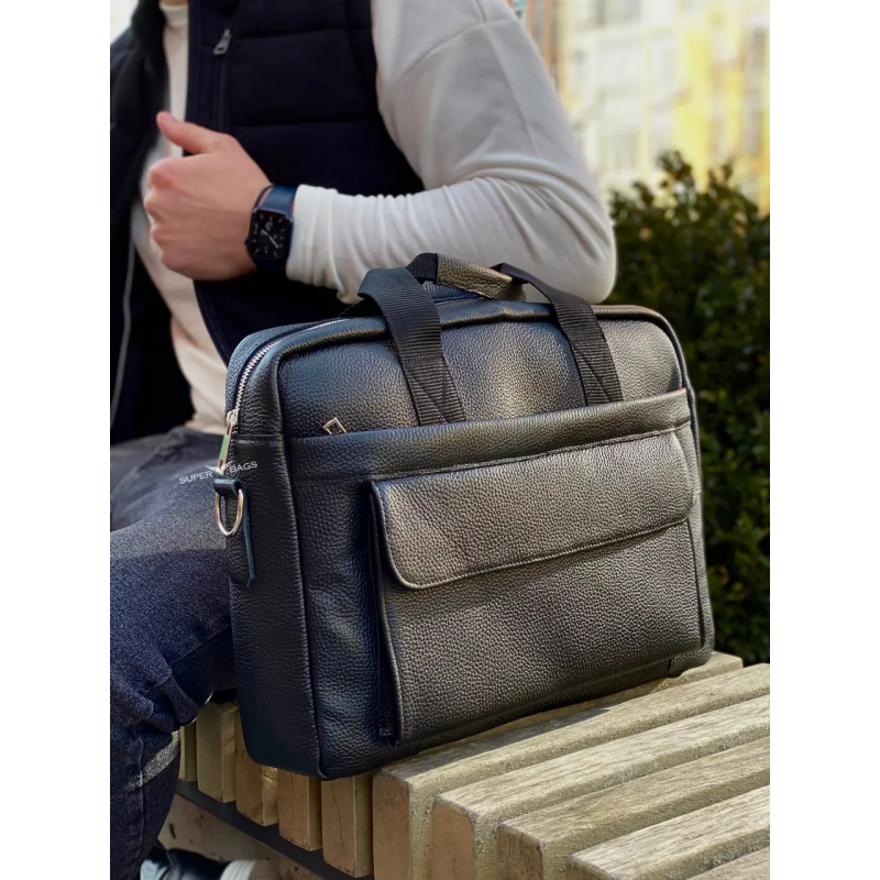 Чоловіча шкіряна сумка для ноутбука та документів 39х28х8, портфель для міста Tiding Bag RD-23134 чорний
