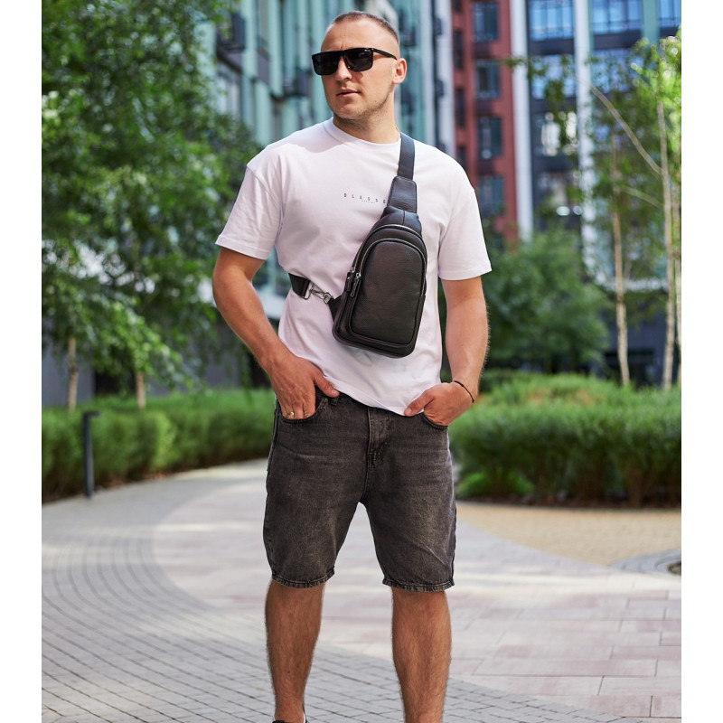 Слінг шкіряний чоловічий на плече18х32х8, нагрудна сумка рюкзак для студента TIDING BAG TH-73583 чорна