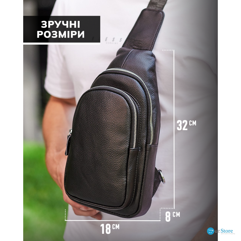 Слінг шкіряний чоловічий на плече18х32х8, нагрудна сумка рюкзак для студента TIDING BAG TH-73583 чорна