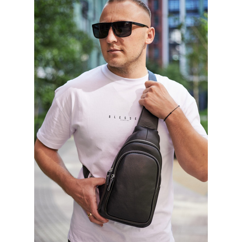 Слінг шкіряний чоловічий на плече18х32х8, нагрудна сумка рюкзак для студента TIDING BAG TH-73583 чорна