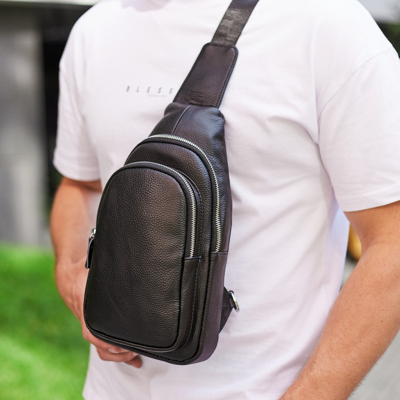 Слінг шкіряний чоловічий на плече18х32х8, нагрудна сумка рюкзак для студента TIDING BAG TH-73583 чорна
