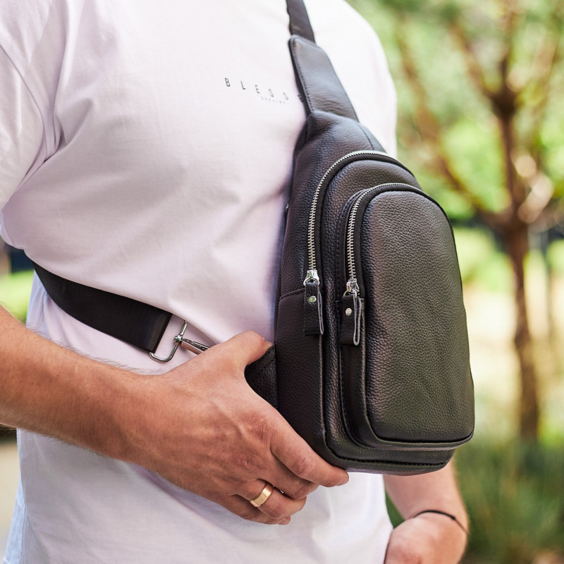 Слінг шкіряний чоловічий на плече18х32х8, нагрудна сумка рюкзак для студента TIDING BAG TH-73583 чорна