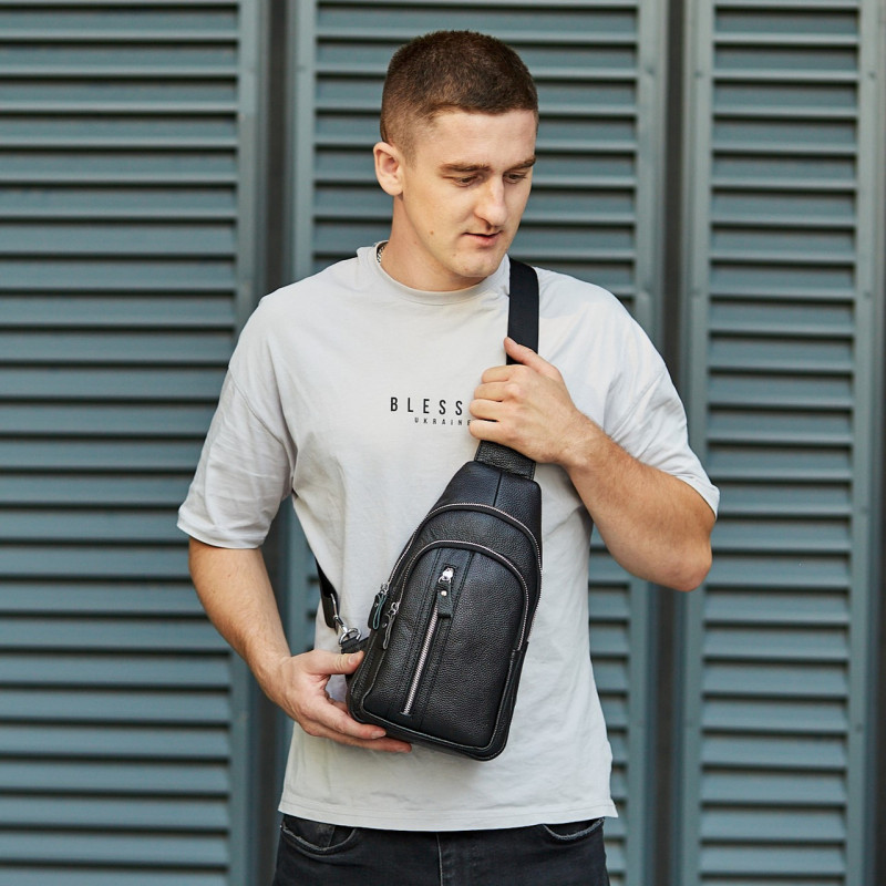 Сумка-слінг чоловіча на одне плече 18х32х7, рюкзак нагрудний з натуральної шкіри 74521 чорний