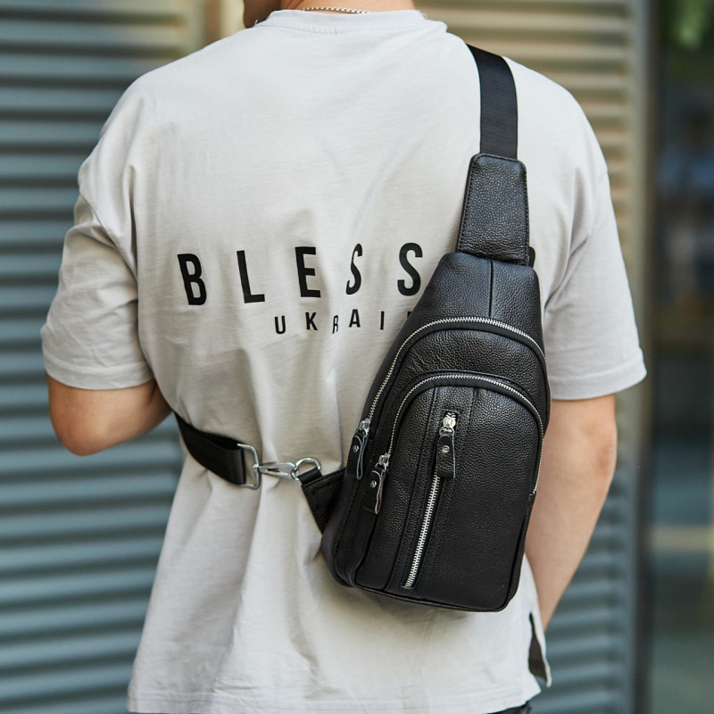 Сумка-слінг чоловіча на одне плече 18х32х7, рюкзак нагрудний з натуральної шкіри 74521 чорний