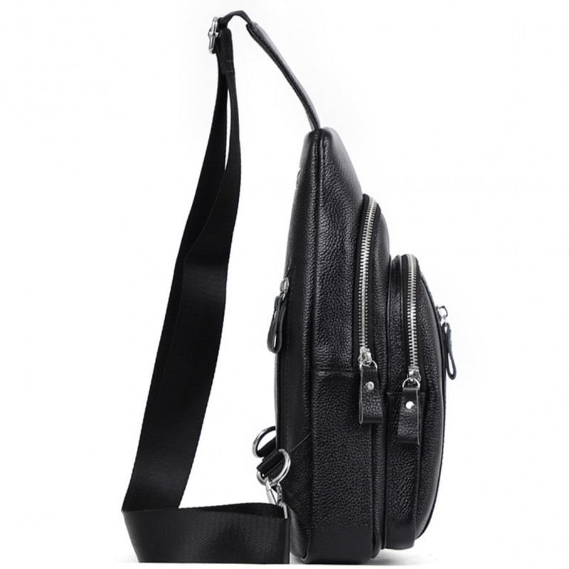 Сумка-слінг чоловіча на одне плече 18х32х7, рюкзак нагрудний з натуральної шкіри 74521 чорний